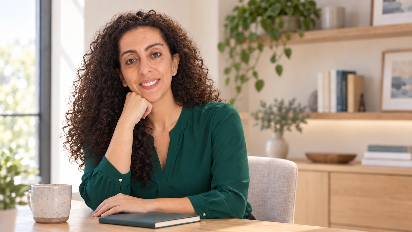 Sherry Sayari seated at a desk in a warm professional office
