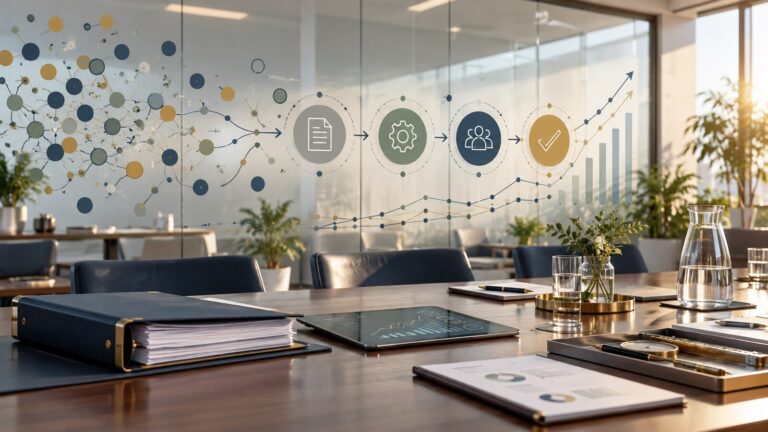 Healthcare quality review workspace illustrating the progression from complex audit findings to measurable improvement