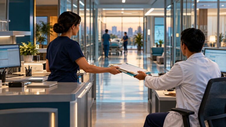 Healthcare professionals completing a structured handoff across coordinated care workstations
