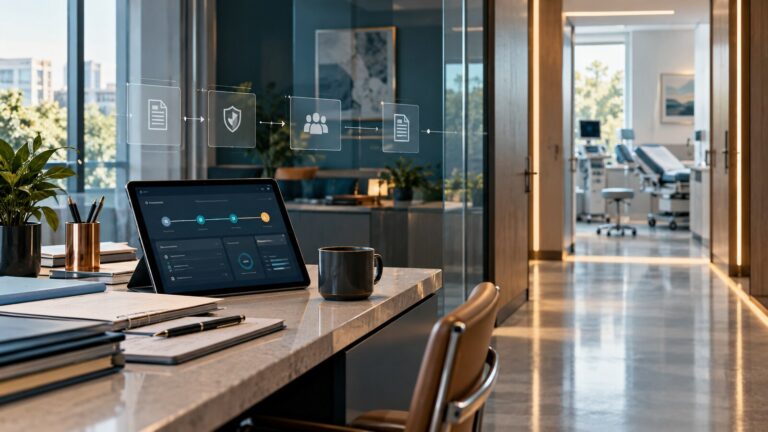 Modern healthcare operations workspace illustrating a coordinated prior authorization pathway toward timely care